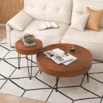 Round Coffee Table Set of 2 End Tables, Natural Pine Wood Finish for Living Room