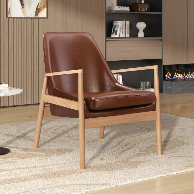GUEST_3925f582-845d-4855-9ff3-de367c2ad10f Leather Accent Chair, Mid-Century Armchair with Solid Wood Frame - Image 1