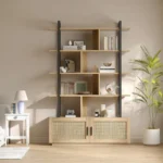 Tall Industrial 5-Tier Bookcase with Rattan Doors - Image 5
