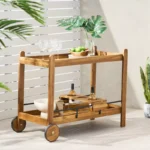 Modern Bar Cart with Two Solid Wheels and Acacia Wood Shelves