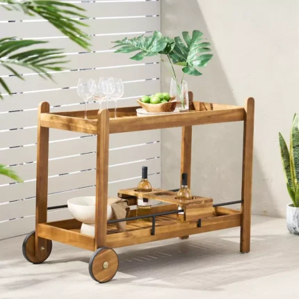 Modern Bar Cart with Two Solid Wheels and Acacia Wood Shelves