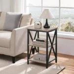 3-Tier Sofa Side End Table with Shelf – X-Shaped Metal Frame