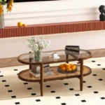 2-Tier Coffee Table with Tempered Glass Top and PE Rattan Shelf - Image 4