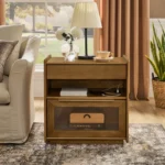 Modern End Table with 2 Drawers – Wooden Side Table in Brown Finish