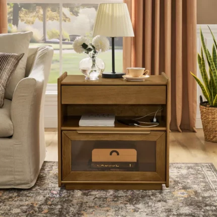 Modern End Table with 2 Drawers – Wooden Side Table in Brown Finish