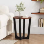 Round Acacia Wood Side Table – Black Frame with Brown Top