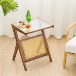 Rattan Side Table with Tempered Glass Top – Bamboo Frame End Table