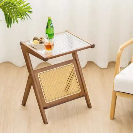 Rattan Side Table with Tempered Glass Top – Bamboo Frame End Table