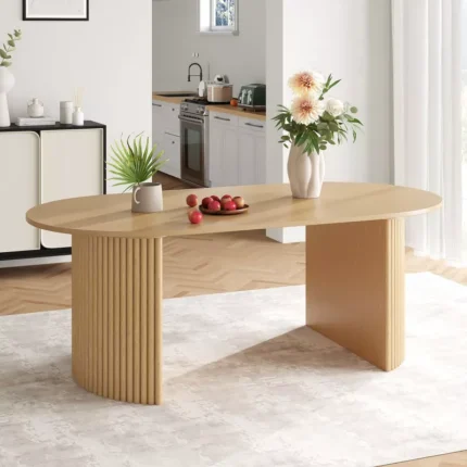 67" Oval Oak Wood Dining Table for 6 with Double Pedestal Base – Brown Finish