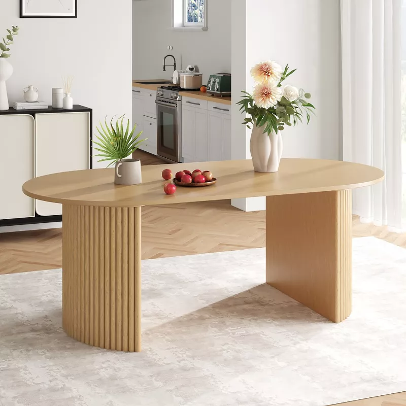 GUEST_408db64a-a0e6-4037-9e2b-0ad82fe7ef8d 67" Oval Oak Wood Dining Table for 6 with Double Pedestal Base – Brown Finish - Image 1