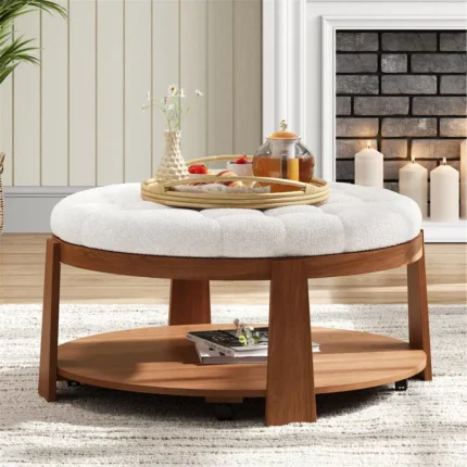 Upholstered Coffee Table Cocktail Center Table, 2-Tier Design