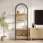 Wooden 4-Tier Rattan Arched Bookshelf – Decorative Bookcase with Metal Frame - Image 2