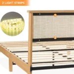 Solid Wood Bed Frame with Natural Rattan Headboard – Queen Size Platform Bed - Image 5
