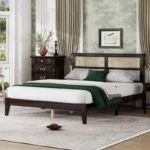 Wood Platform Bed Frame with Rattan Headboard – Stylish & Sturdy Design for Modern Bedrooms