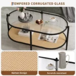 2-Tier Rattan Coffee Table, Boho Oval Coffee Table with Tempered Glass Top - Image 4