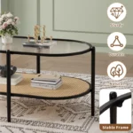 2-Tier Rattan Coffee Table, Boho Oval Coffee Table with Tempered Glass Top - Image 6