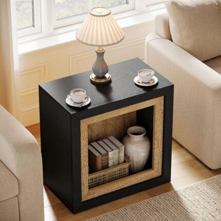 Wood End Table with Frame-Inspired Design – Black Top & Brown Frame