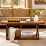 Solid Oak Coffee Table, 2-Tier Modern Farmhouse Rectangle Table with Open Shelf - Image 2