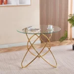 Round Glass Dining Table for 4 with Gold Metal Pedestal Base – 35.4" Clear Tempered Glass Top
