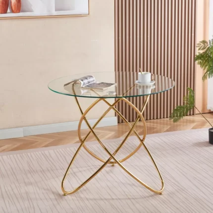 Round Glass Dining Table for 4 with Gold Metal Pedestal Base – 35.4" Clear Tempered Glass Top
