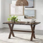 Live Edge Trestle Dining Table for 4 – 61" Solid Rubberwood Table with Criss-Cross Base, Brown
