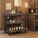 3-Tier Metal Serving Cart with Wheels, Wine & Glass Rack – Retro Brown Finish - Image 6