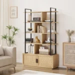 Tall Industrial 5-Tier Bookcase with Rattan Doors