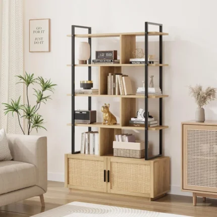 Tall Industrial 5-Tier Bookcase with Rattan Doors