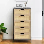 Modern Rattan Chest of 5 Drawers – Tall Storage Dresser with Metal Frame - Image 6