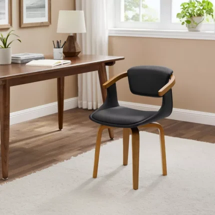 Leather Swivel Accent Dining Chair with Wooden Arms and Legs