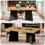 63" Modern Solid Wood Style Dining Table for 6 People – Beige Top with Black Double Pedestal Base - Image 3