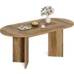 Oval Dining Table for 4–6 with Metal Strip Pedestal Base – 63" Black Wood Top & Brown Frame - Image 2