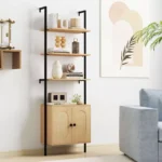 71" Ladder Bookshelf with Rattan Cabinet – Wall-Mounted Natural Wood Bookcase - Image 3