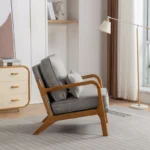 Mid Century Boucle Uplostered Soild Wood Accent Armchair with Pillow - Image 2