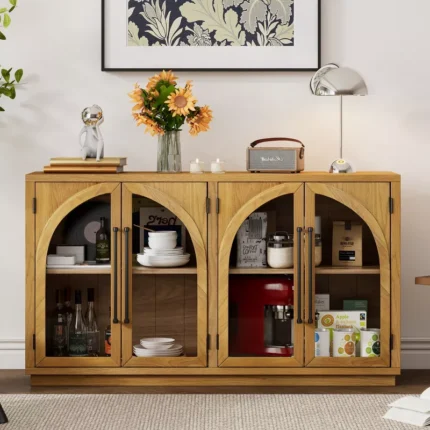 Retro 4-Door Arched Buffet Sideboard with Glass Doors & Adjustable Shelves