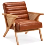 Modern Leather Accent Chair Natural Rattan Upholstered Armchair - Image 4