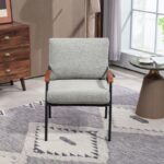 Modern Accent Chair, Armchair with Natural Wood Armrests and Black Metal Frame - Image 2