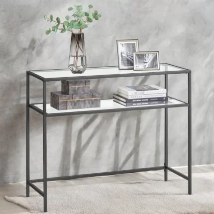 Entryway Console Table with Black Steel Frame and Brown Tabletop