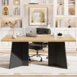 63" Modern Solid Wood Style Dining Table for 6 People – Beige Top with Black Double Pedestal Base - Image 4