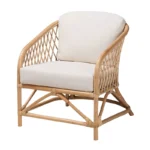Modern Bohemian White Fabric and Natural Brown Rattan Armchair - Image 2
