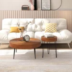 Round Coffee Table Set of 2 End Tables, Natural Pine Wood Finish for Living Room - Image 5