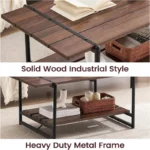 Large Wood Coffee Table with Shelf, Modern Rustic Metal Rectangle Center Table for Living Room - Image 3