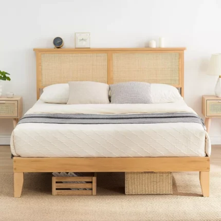 Solid Wood Platform Bed Frame with Natural Rattan Headboard