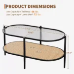 2-Tier Rattan Coffee Table, Boho Oval Coffee Table with Tempered Glass Top - Image 5