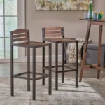 Set of 2 Lilith Acacia Wood Bar Stools with Low Back – Dark Brown Finish, Square Seat Design