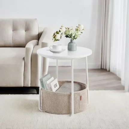 Small Round Side Table with Storage – Modern White End Table