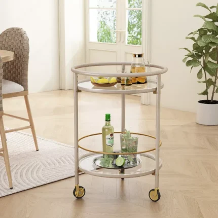 Modern Round Bar Cart with Tempered Glass Shelves – Gold Plated Frame