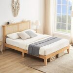 Solid Wood Bed Frame with Natural Rattan Headboard – Queen Size Platform Bed