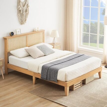 Solid Wood Bed Frame with Natural Rattan Headboard – Queen Size Platform Bed