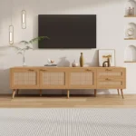Rattan Door Media Console with Solid Wood Legs – Modern TV Stand